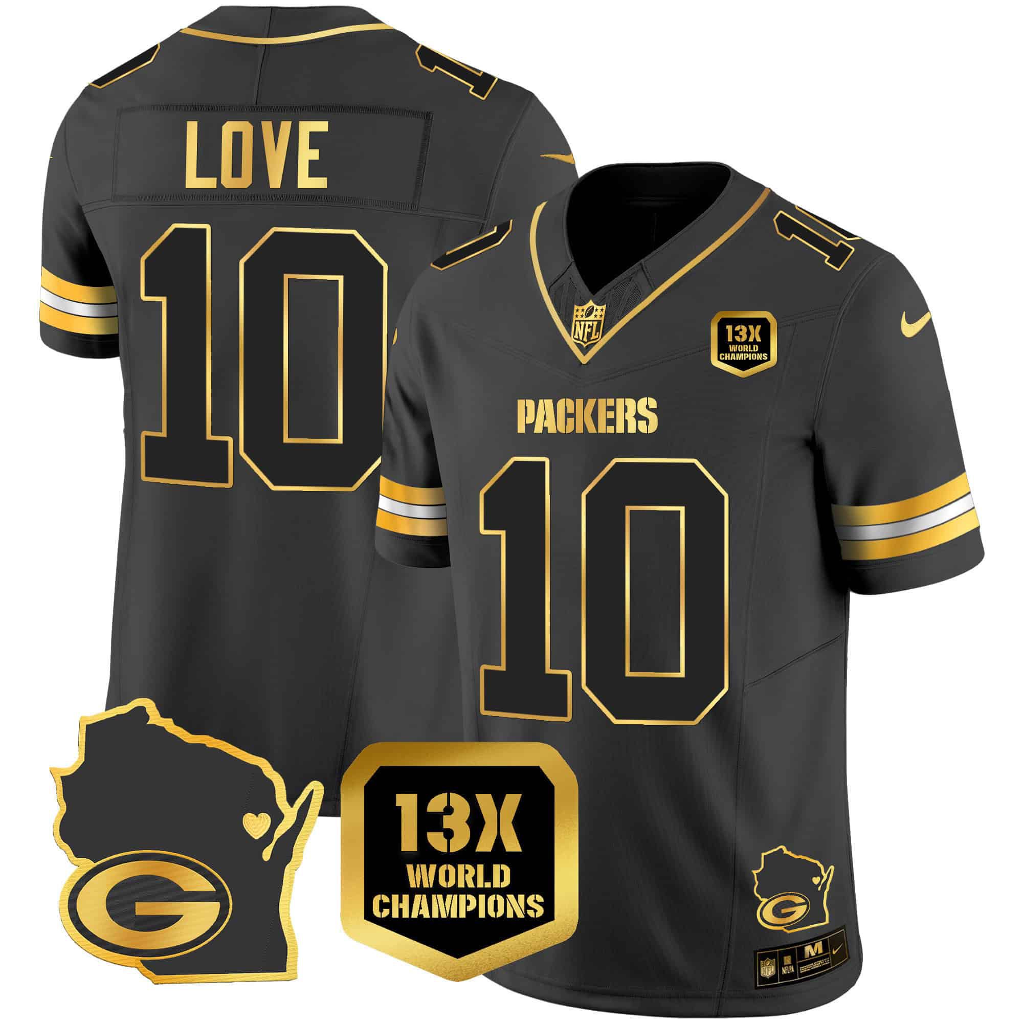 Men Green Bay Packers #10 Love Black Gold 2024 Nike World Champions Home Patch Vapor NFL Jersey style 2->indianapolis colts->NFL Jersey